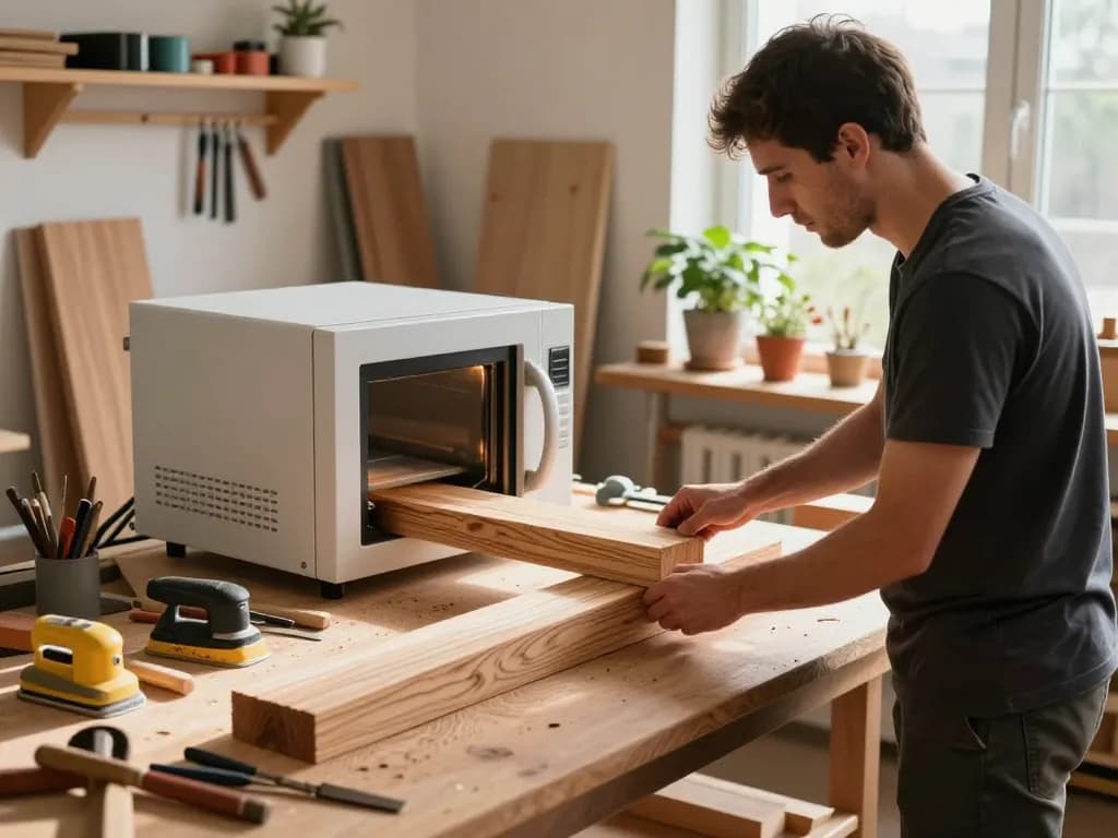 Trattamento microonde antitarlo in un laboratorio di lavorazione del legno professionale, che mostra il processo di eliminazione efficace degli insetti del legno.