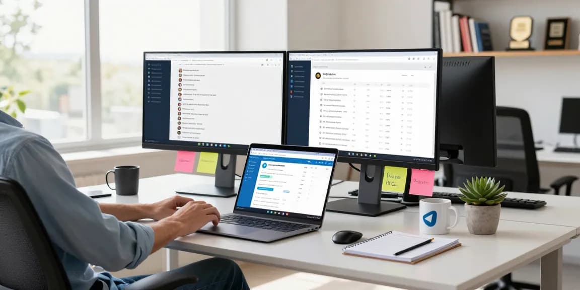 Using the Telegram web version in a modern workspace, showcasing chat interface and productivity tools.