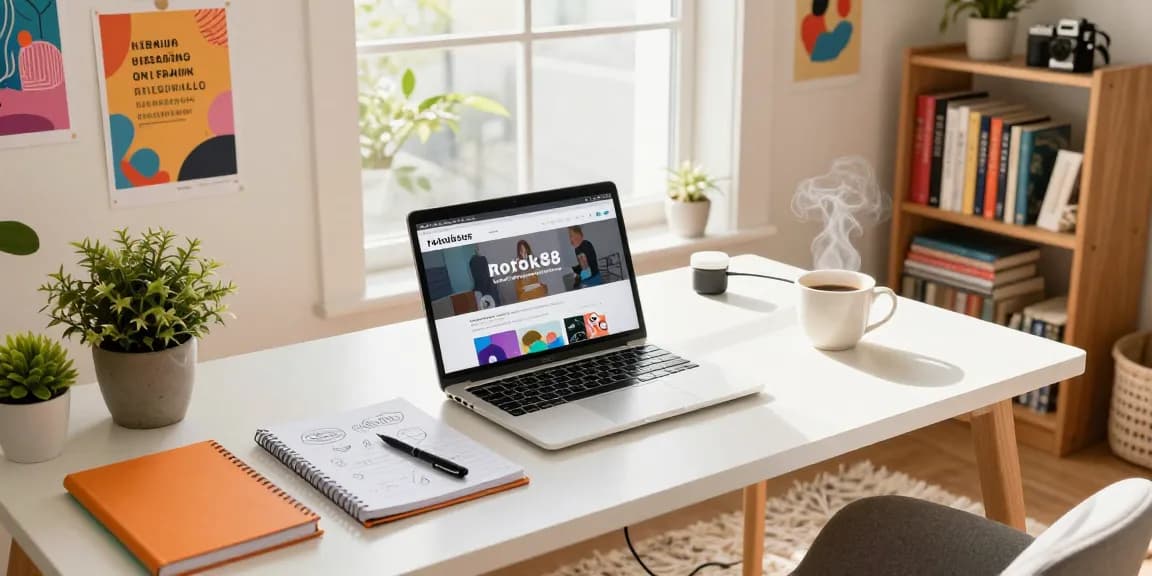 Creative home office scene showcasing the rokok88 blog experience with a content creator and vibrant decor.