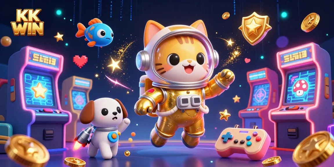 Experience KK WIN in a vibrant 3D arcade scene with engaging characters and casino elements.