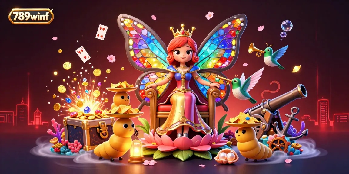 Experience the excitement of 789winf with a vibrant casino-themed illustration featuring a butterfly queen and golden treasures.