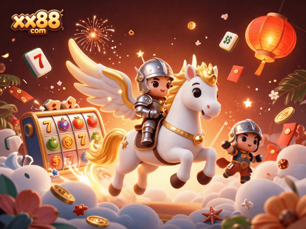 Experience the thrill of xx88 com slots with a celestial horse and knight in action.
