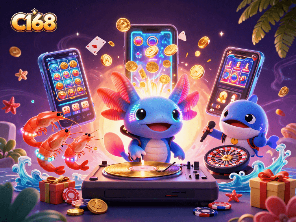 C168 brings vibrant casino fun with a cartoon DJ and lively sea characters amidst slot games and festive decor.