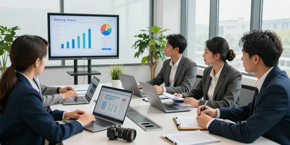 Business professionals discussing business electricity VAT rate strategies in a modern conference room.