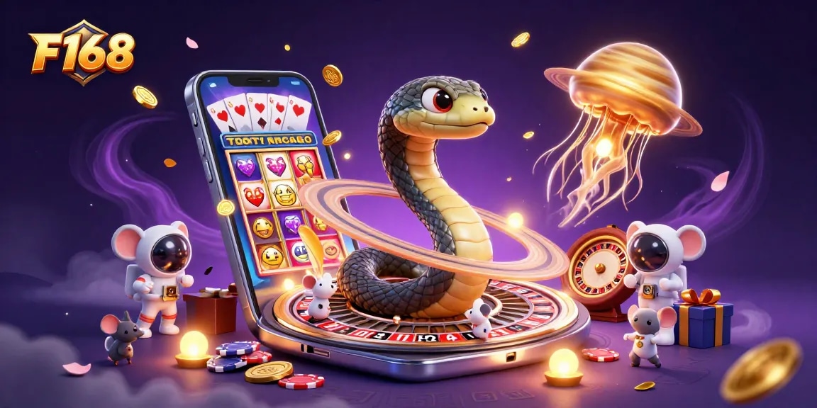 Experience F168's thrilling gambling universe with adorable astronaut mice and a cosmic dealer in a dynamic casino scene.