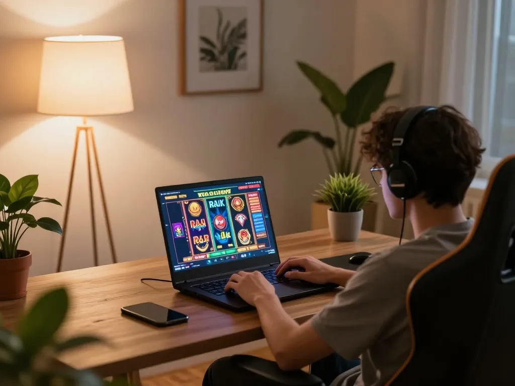 Pemain yang terlibat merencanakan strategi saat mereka menjelajahi permainan raja slot di laptop, menyoroti pengalaman bermain game online.