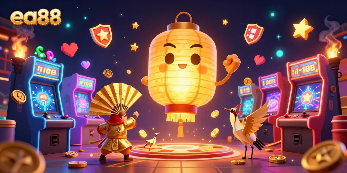 Engage with exciting casino adventures at ea88 featuring a vibrant 3D illustration of a golden lantern spirit amidst arcade games and lucky symbols.