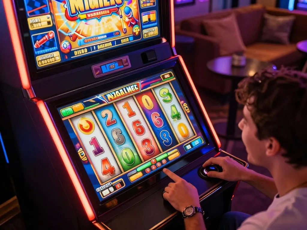 Player celebrates a win on raja slot machine, vibrant colors and dynamic reels showcased in a lively online gaming setup.