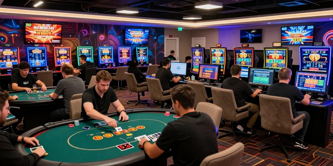 Exciting online gaming atmosphere featuring players interacting with Rr8i games and vibrant LED displays.