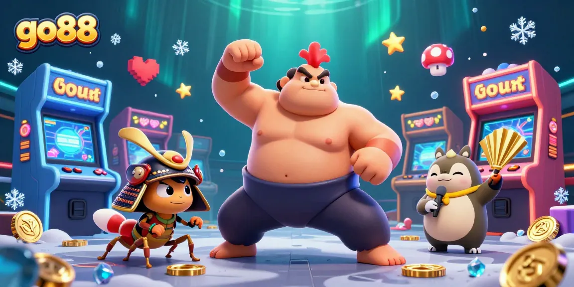 Experience the vibrant world of go88 with engaging games featuring a sumo rooster, samurai cricket, and a golden fan tanuki in a lively casino setting.