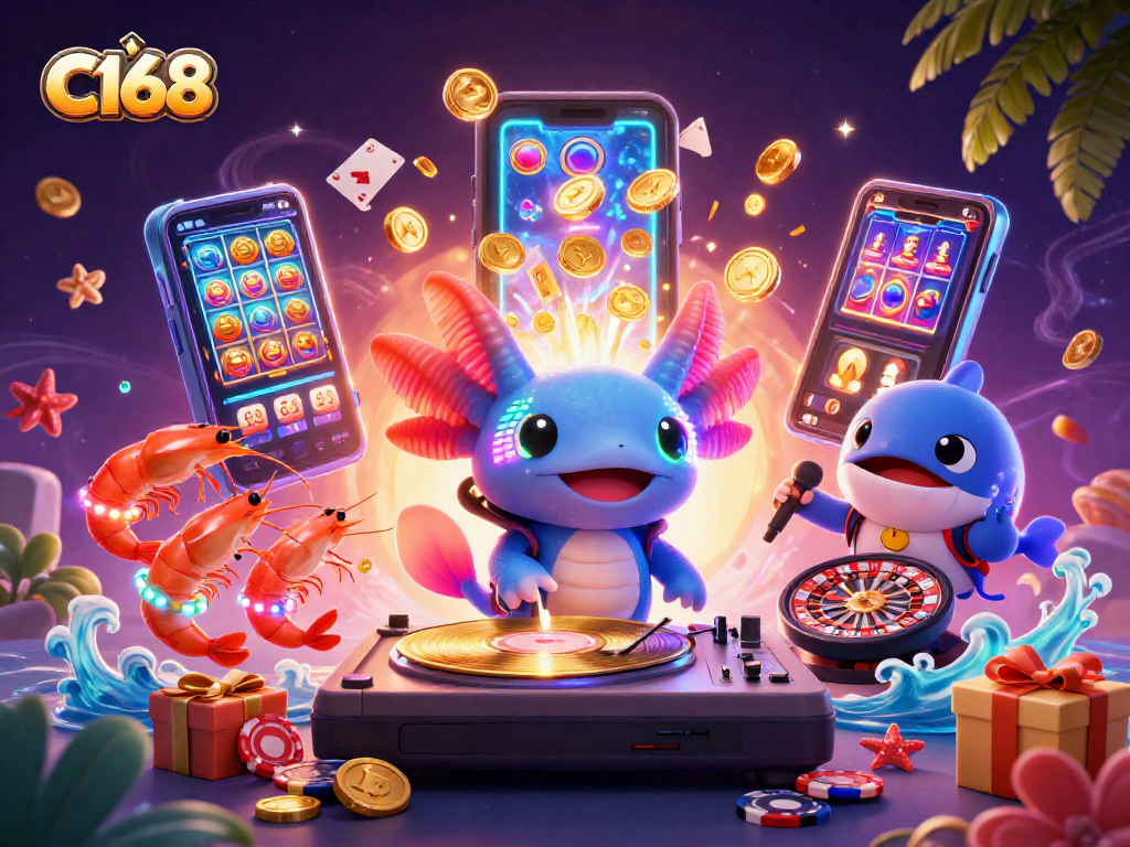 C168 brings vibrant casino fun with a cartoon DJ and lively sea characters amidst slot games and festive decor.
