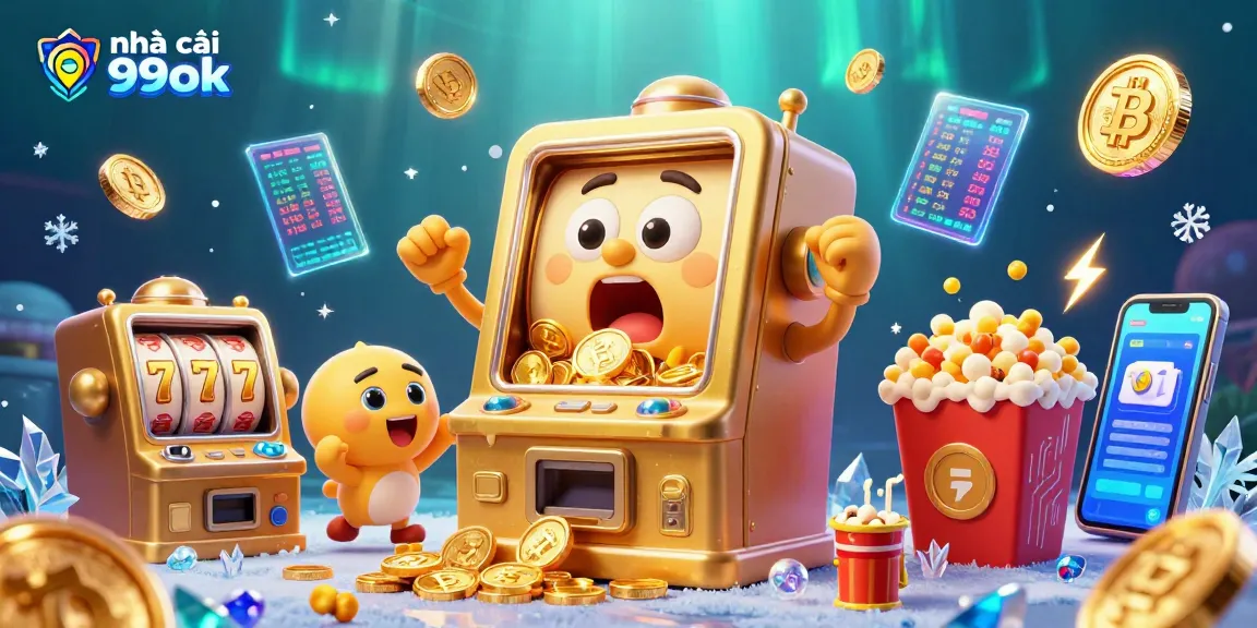 Experience the thrill of nhà cái 99ok with a vibrant 3D illustration showcasing golden slot machines and crypto elements.