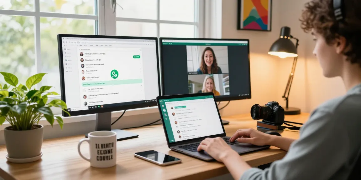 Using WhatsApp網頁版 in a modern home office with warm lighting and vibrant decor.