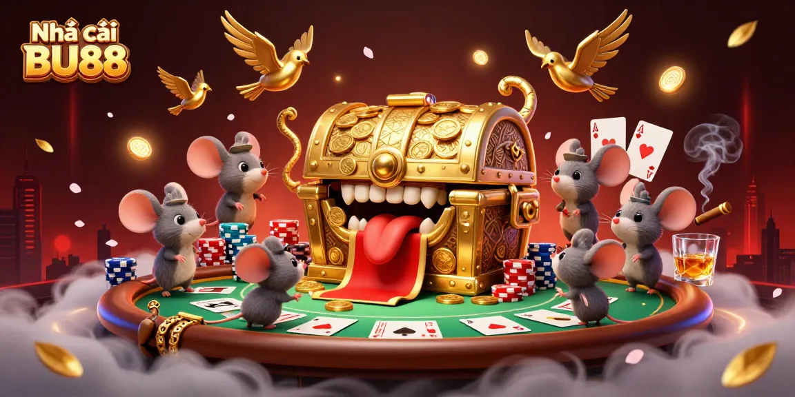Experience excitement at Nhà cái BU88 with a vibrant 3D illustration of a treasure-filled casino scene.