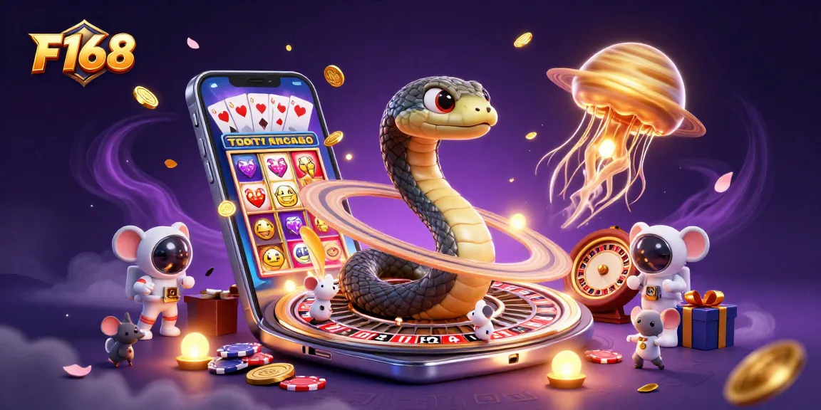 Experience F168's thrilling gambling universe with adorable astronaut mice and a cosmic dealer in a dynamic casino scene.