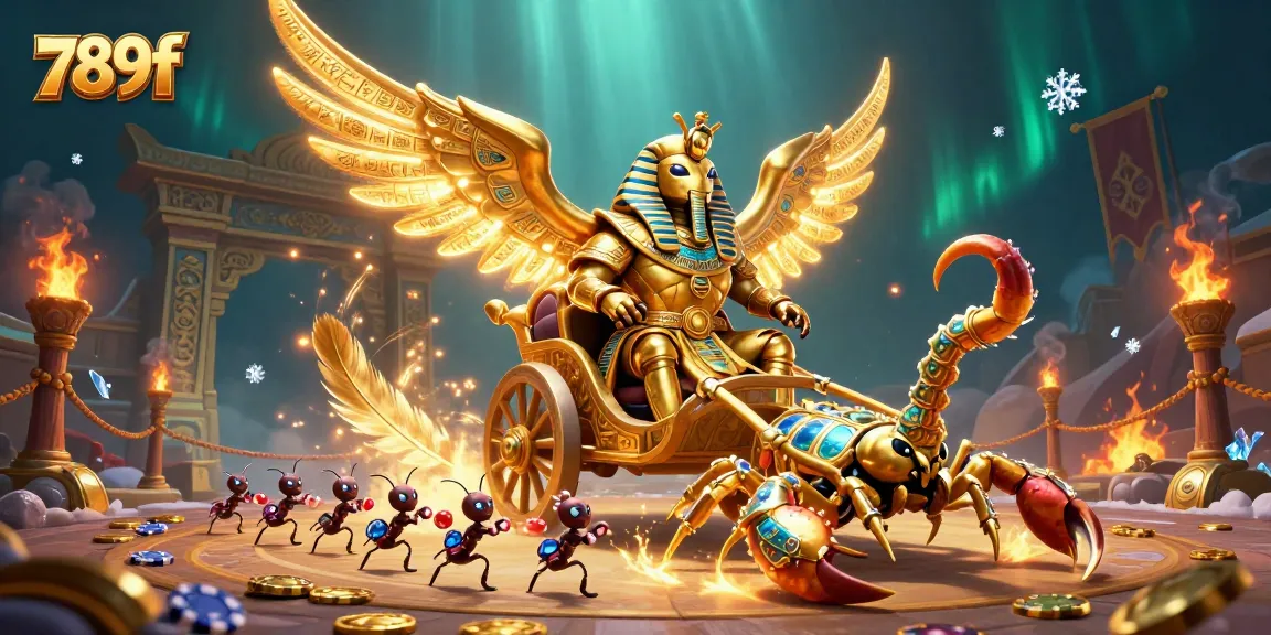 Win big with 789f casino's thrilling adventures featuring a pharaoh beetle and scorpions.