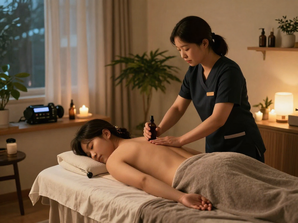 Enjoying a premium 부천출장마사지 in a serene home setting, showcasing relaxation and professional service.