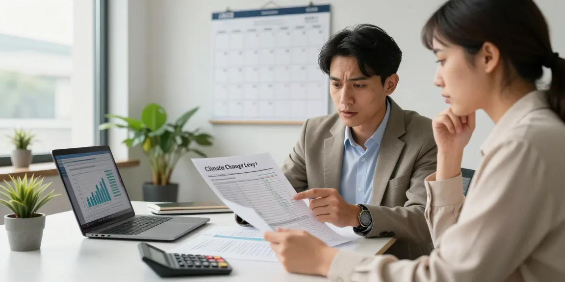 Consultant discussing climate change levy exemption with client over an energy bill.