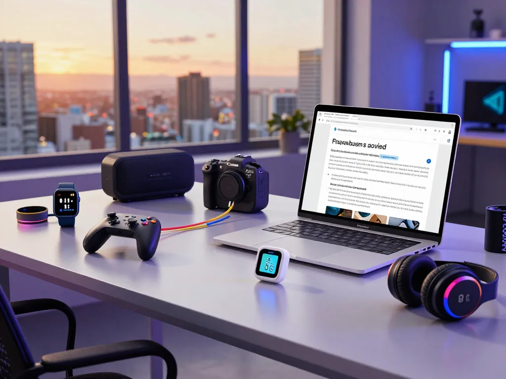 Exploring trending tech gadgets in a vibrant tech workspace filled with Bluetooth devices.