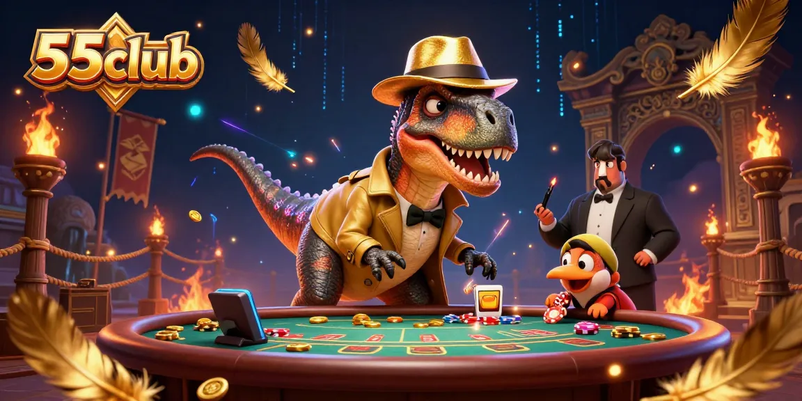 Play with 55club in a vibrant 3D casino scene featuring dinosaurs and blackjack action.