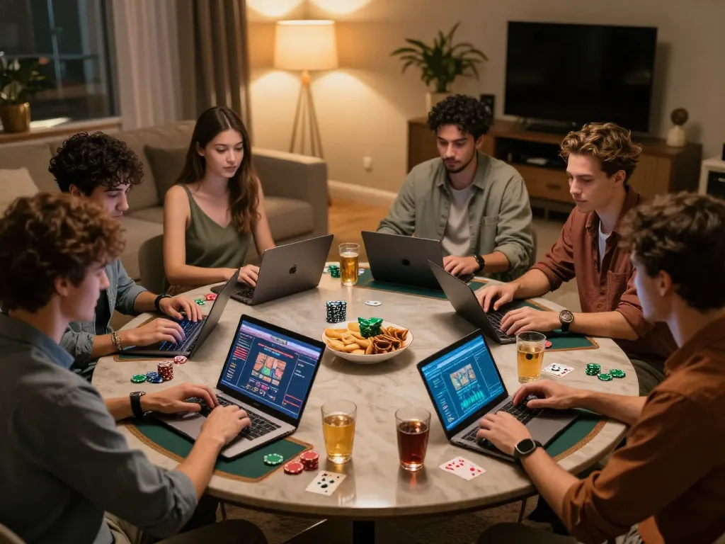 Players focusing on their devices while enjoying f168 online casino games in a cozy home setting.