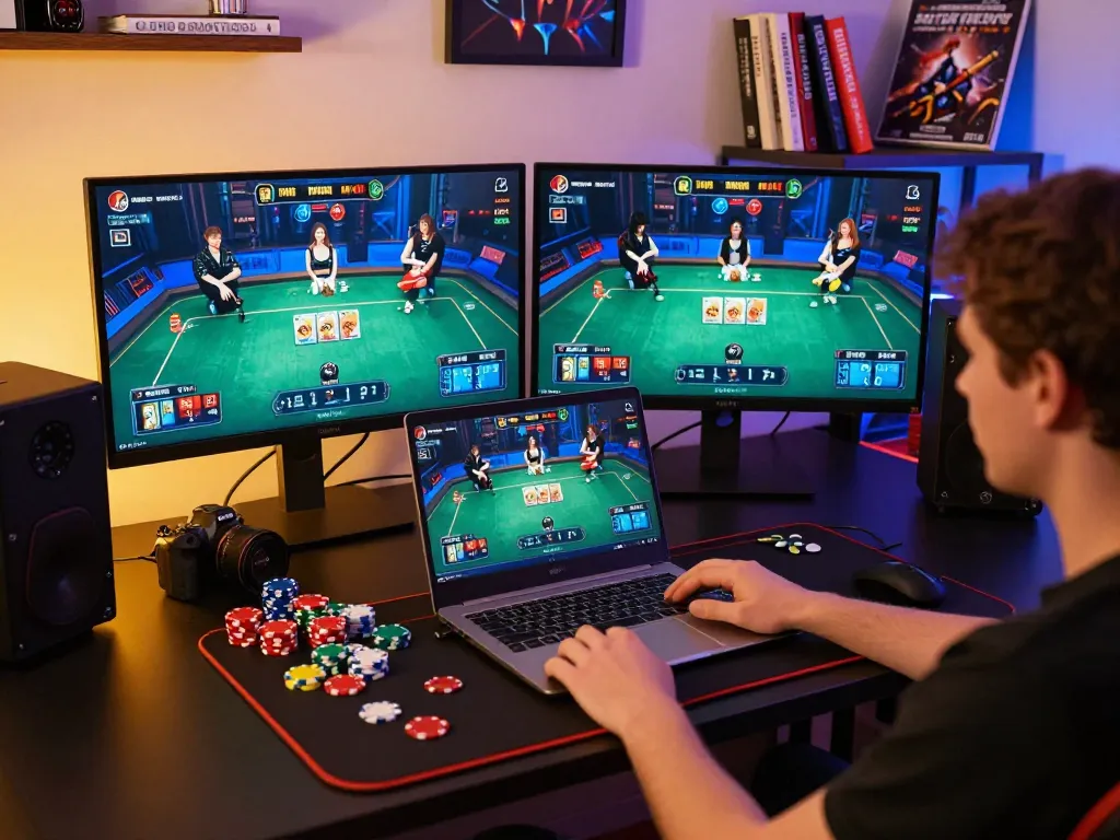 Player enjoying an exciting gamebaidoithuong session at home with colorful poker chips and gaming setup