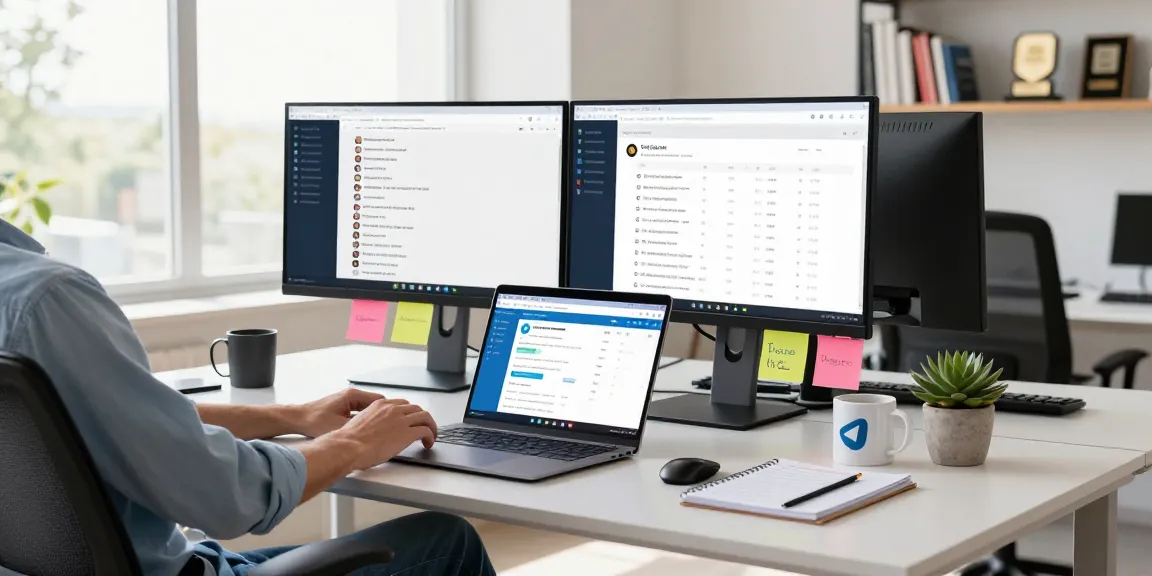 Using the Telegram web version in a modern workspace, showcasing chat interface and productivity tools.
