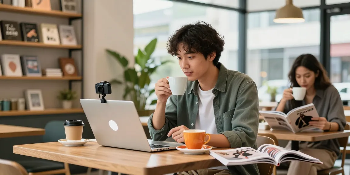Young professional discussing rokok88 merchandise in a trendy café