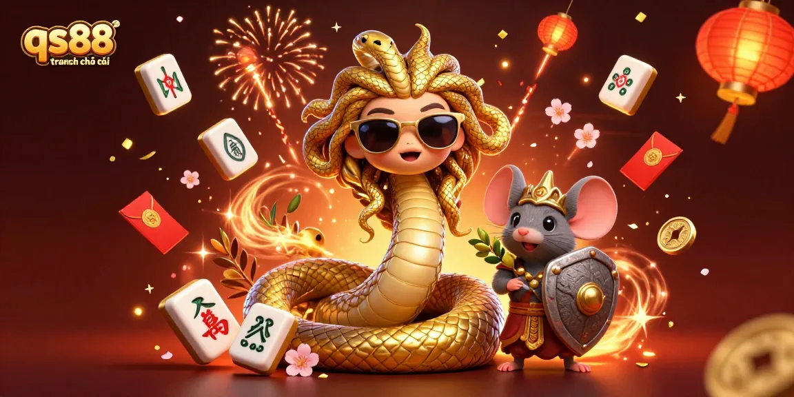 Experience the thrill of "qs88 trang chủ chính thức" with 3D Medusa and warrior mouse celebrating in a vibrant casino backdrop.