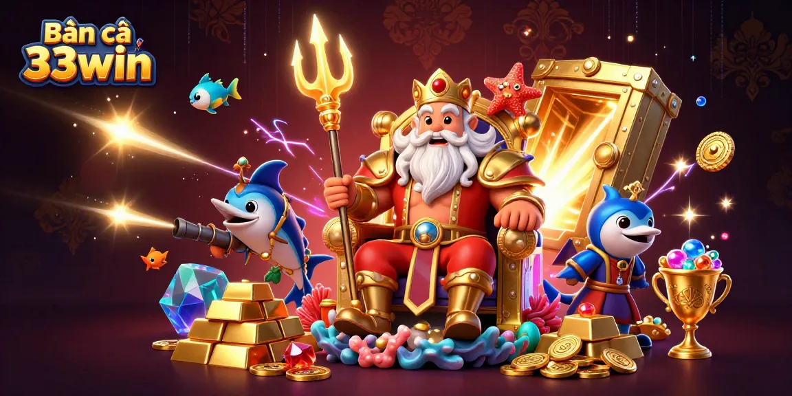 Bắn cá 33win features vibrant underwater action with Neptune and treasure amidst sparkling gems.