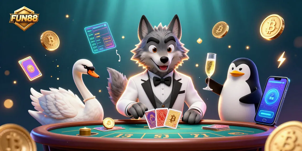 Engage in thrilling games with FUN88 featuring animated characters at a lively casino scene.