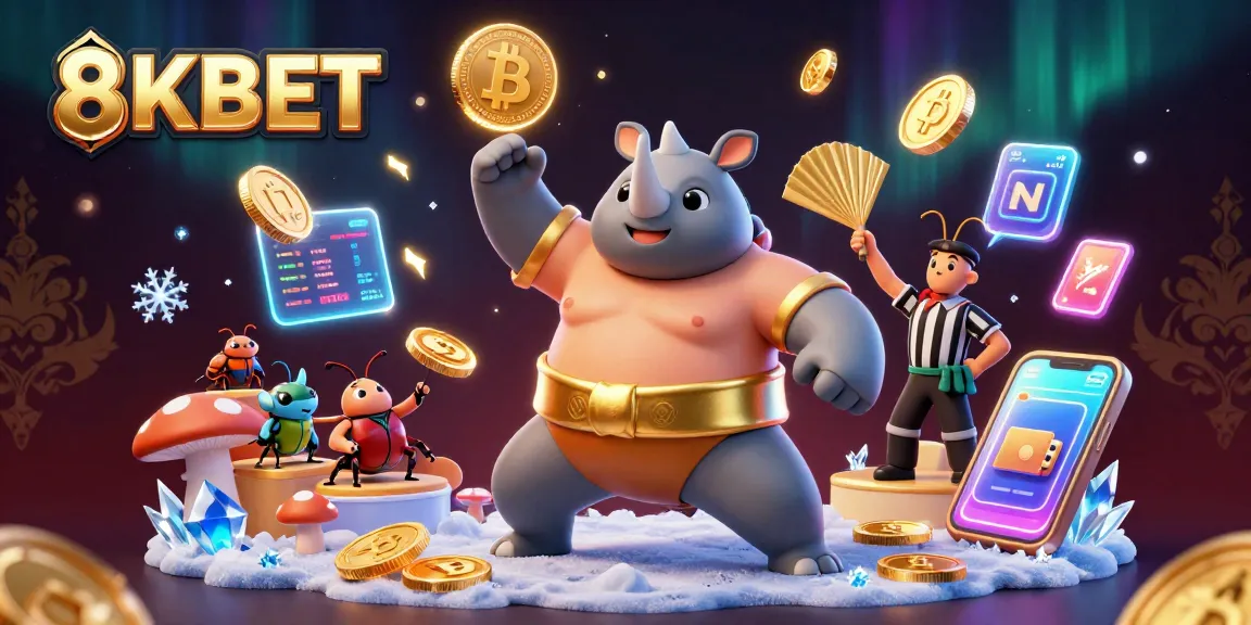 Watch 8KBET's thrilling champion beetle stomp, scattering coins and crypto elements in a colorful casino scene.