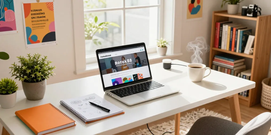 Creative home office scene showcasing the rokok88 blog experience with a content creator and vibrant decor.