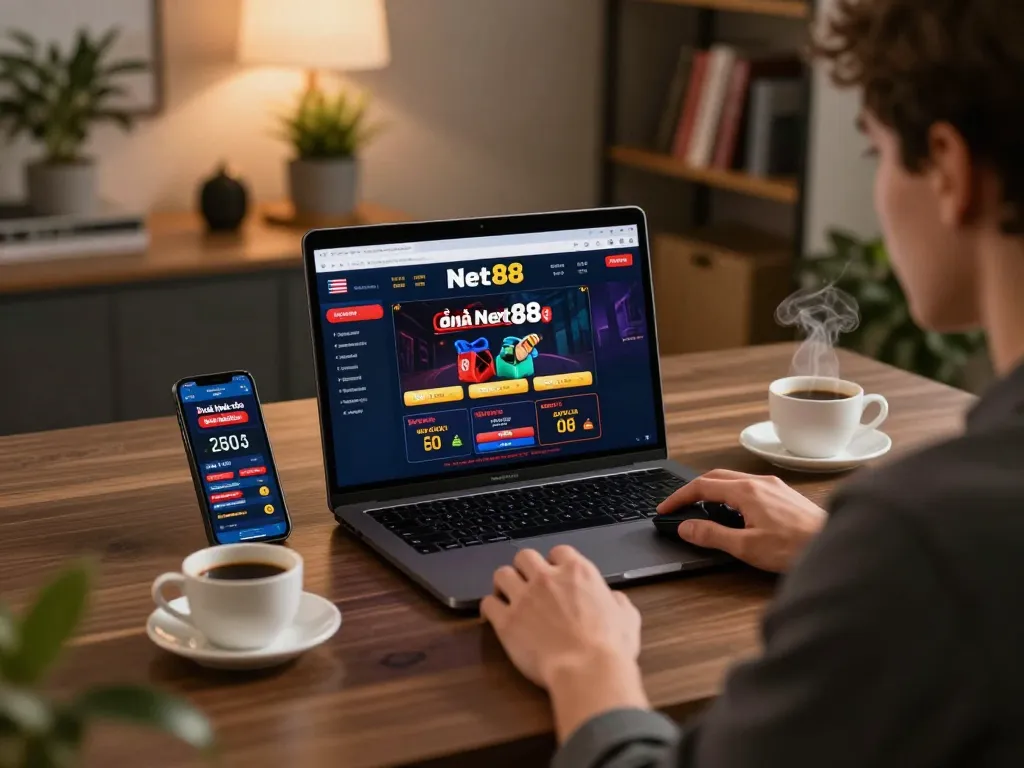 Engaging with the nhà cái Net88 online casino interface on a laptop, creating a relaxed gaming atmosphere.