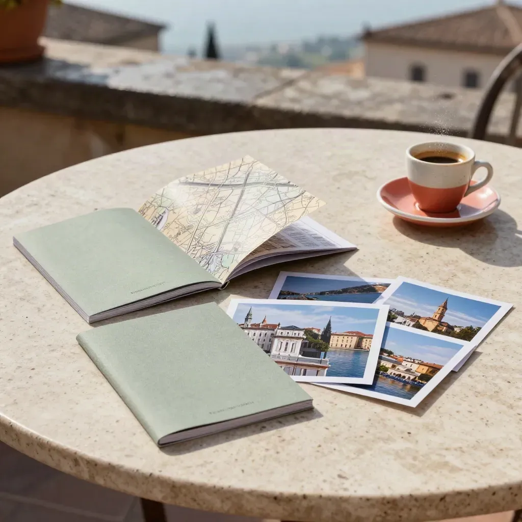 Guide di viaggio, mappe e caffè su pietra chiara, luce drammatica dopo la pioggia.
