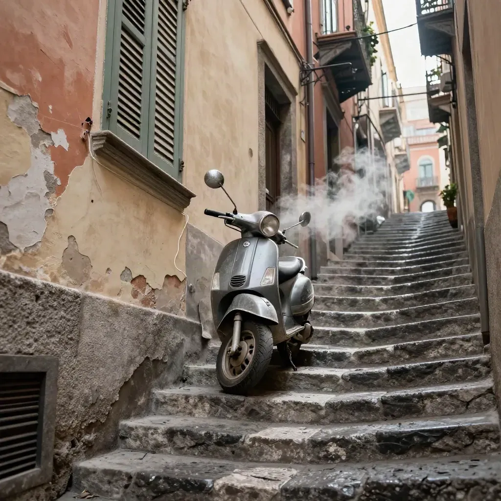 Vicolo napoletano in salita con scooter, scale consumate e vapori di cucina nel tardo pomeriggio.