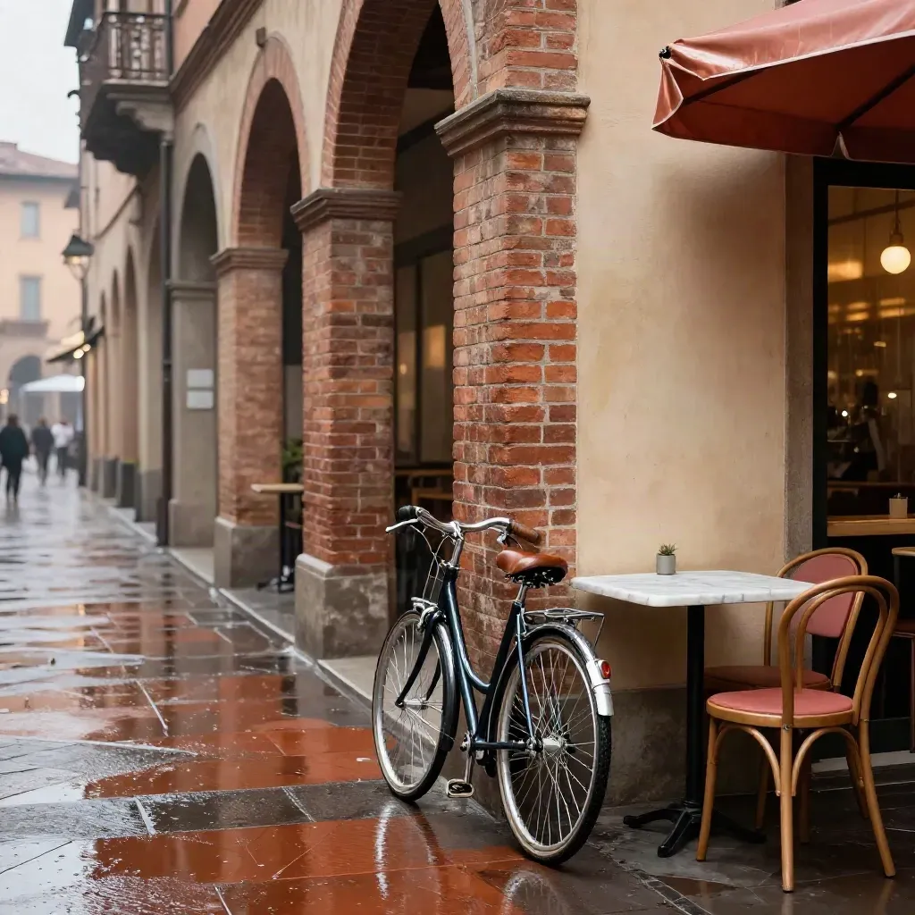 Portico di Bologna bagnato dalla pioggia, bici e tavolino di caffè in luce calda.