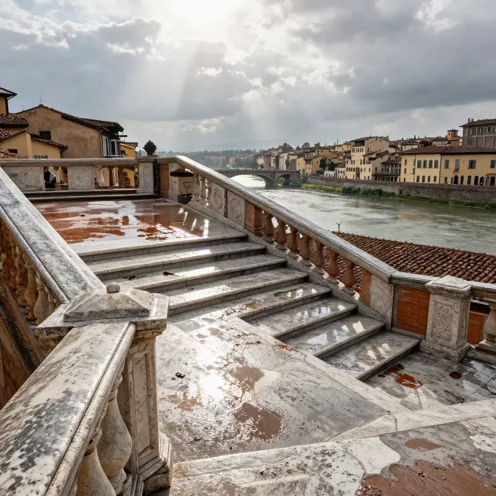 Scalinata fiorentina bagnata, vista sull’Arno e tetti dopo la pioggia, luce che rompe le nuvole