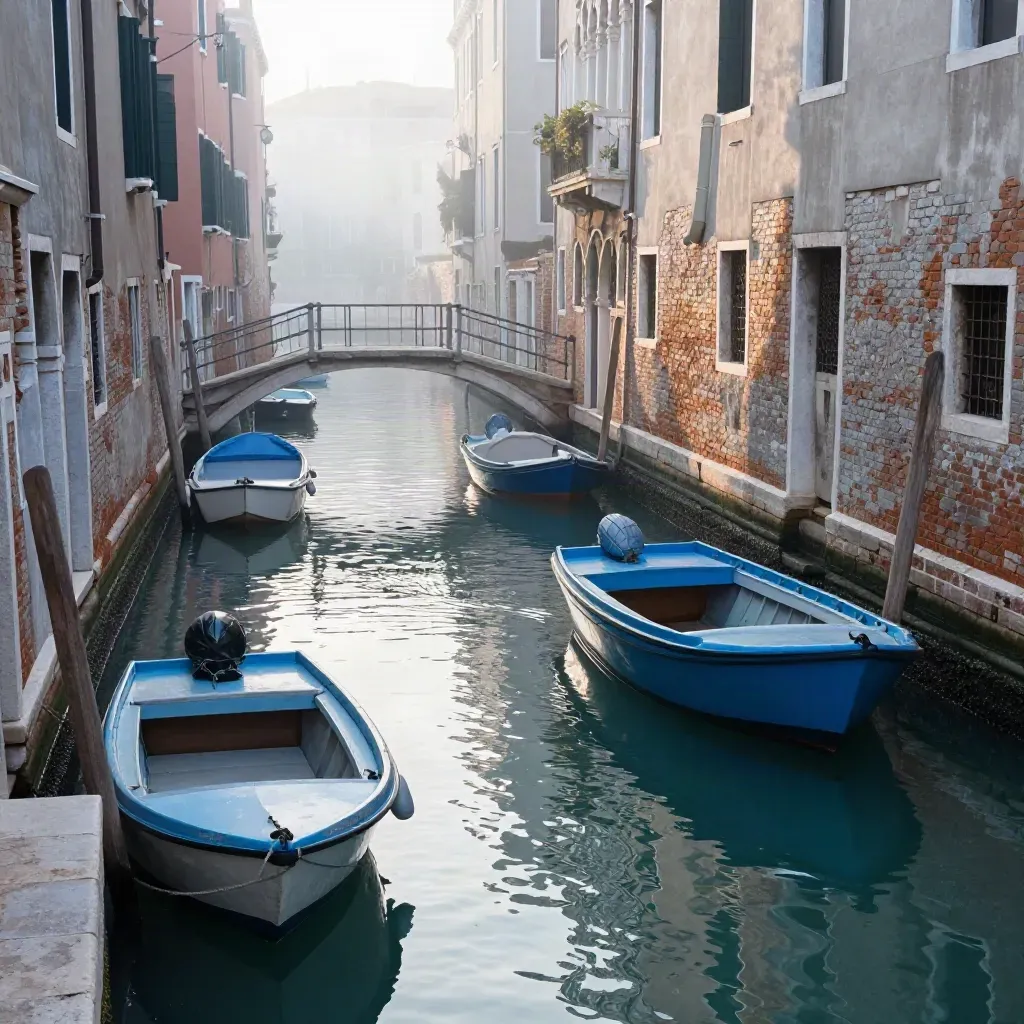 Canale di Venezia all’alba con barche ormeggiate, ponte stretto e nebbia che si solleva.