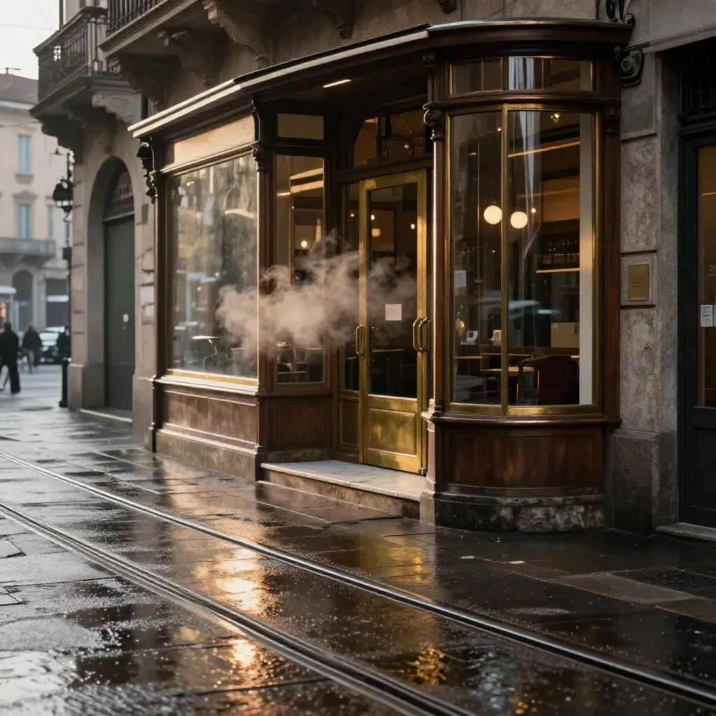Facciata di caffè storico torinese con binari del tram e riflessi sul pavimento bagnato.