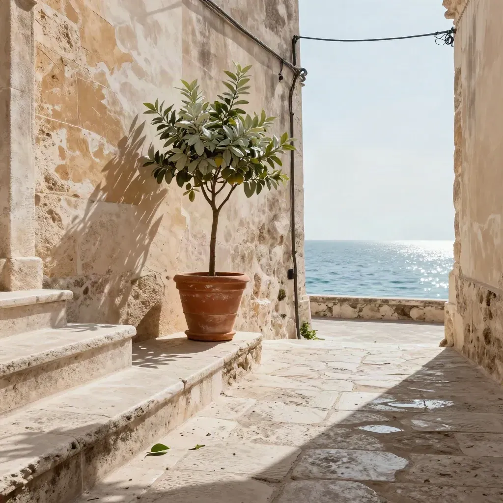 Vicolo di Bari Vecchia verso il mare, con vaso di agrumi e luce del mattino.