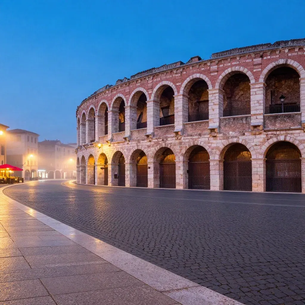 Arena di Verona al crepuscolo con lampioni accesi e pietra in luce blu.