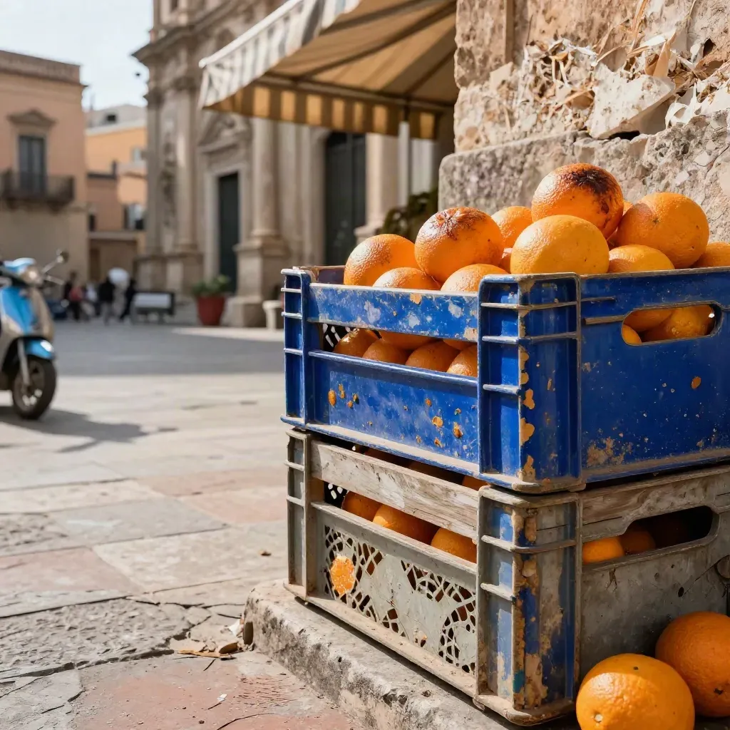 Crate di agrumi a Palermo con muro barocco, tenda a righe e scooter al tramonto.