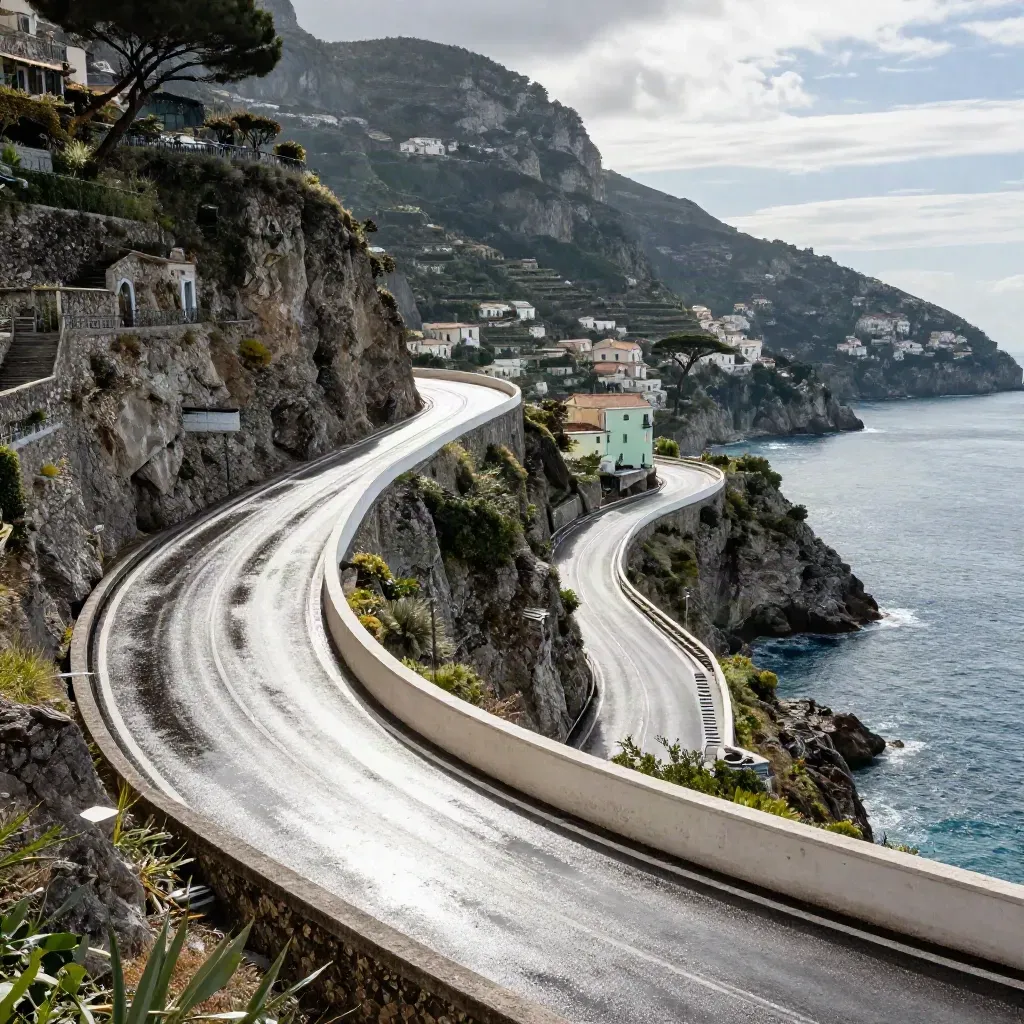 Strada a gomito della Costiera Amalfitana sopra Positano, bagnata dopo un acquazzone.