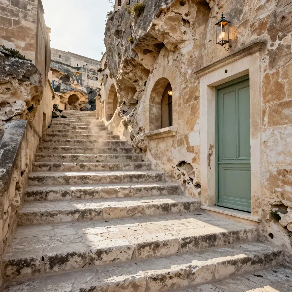 Scala di Matera con case-grotta e lanterna accesa nella roccia, luce del tardo pomeriggio.