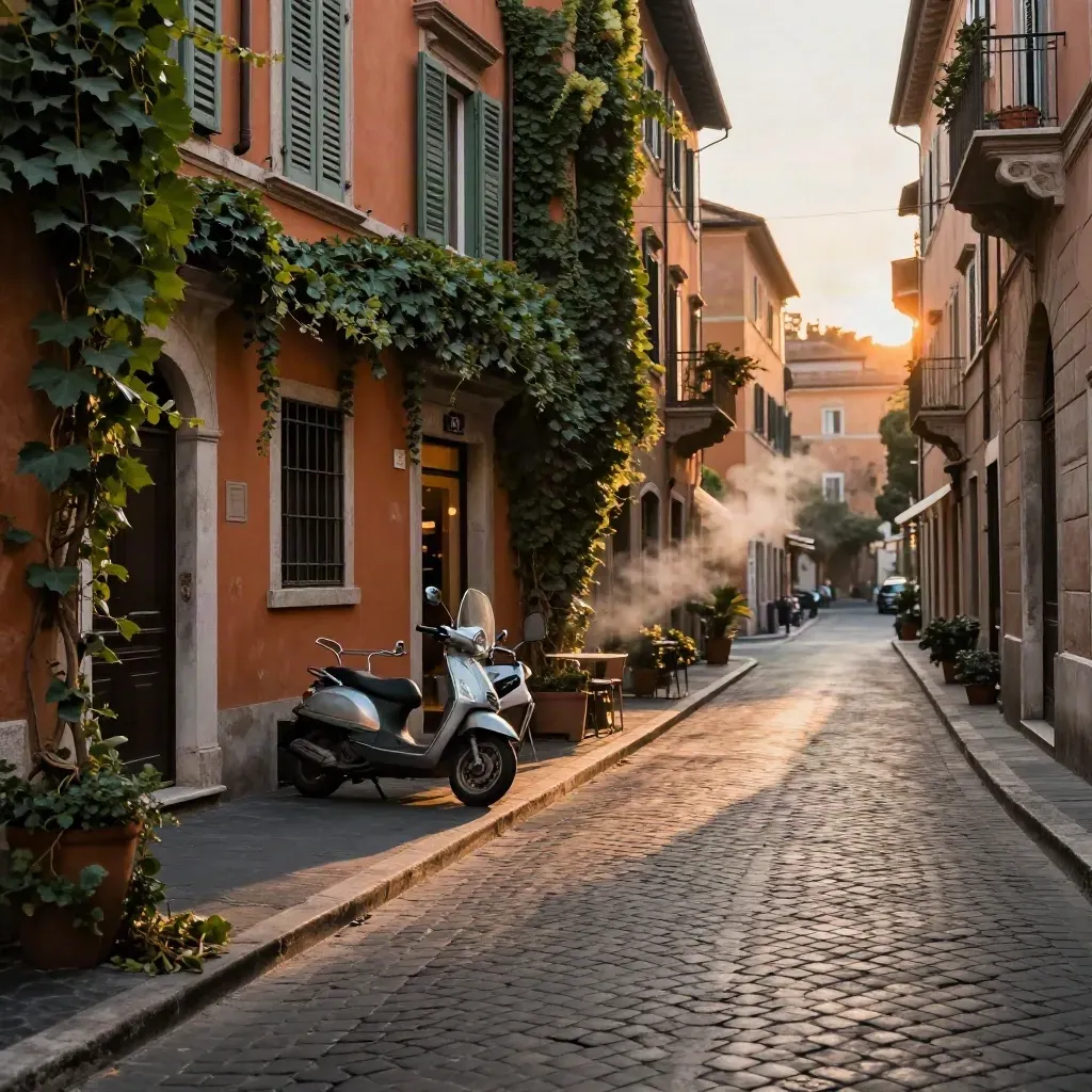 Vicolo di Trastevere al tramonto con scooter, edera e luce calda sulle pietre.
