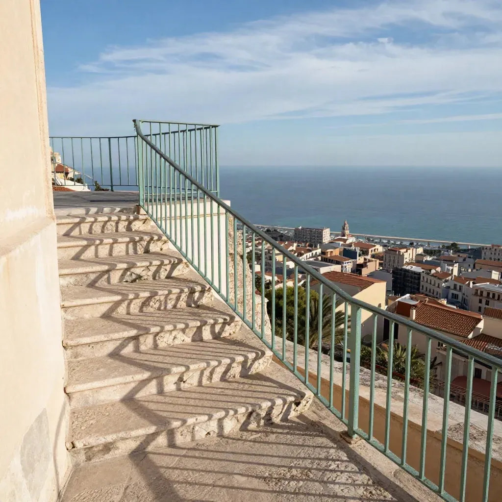 Belvedere di Cagliari con scale in pietra chiara, mare lontano e cielo ventoso.