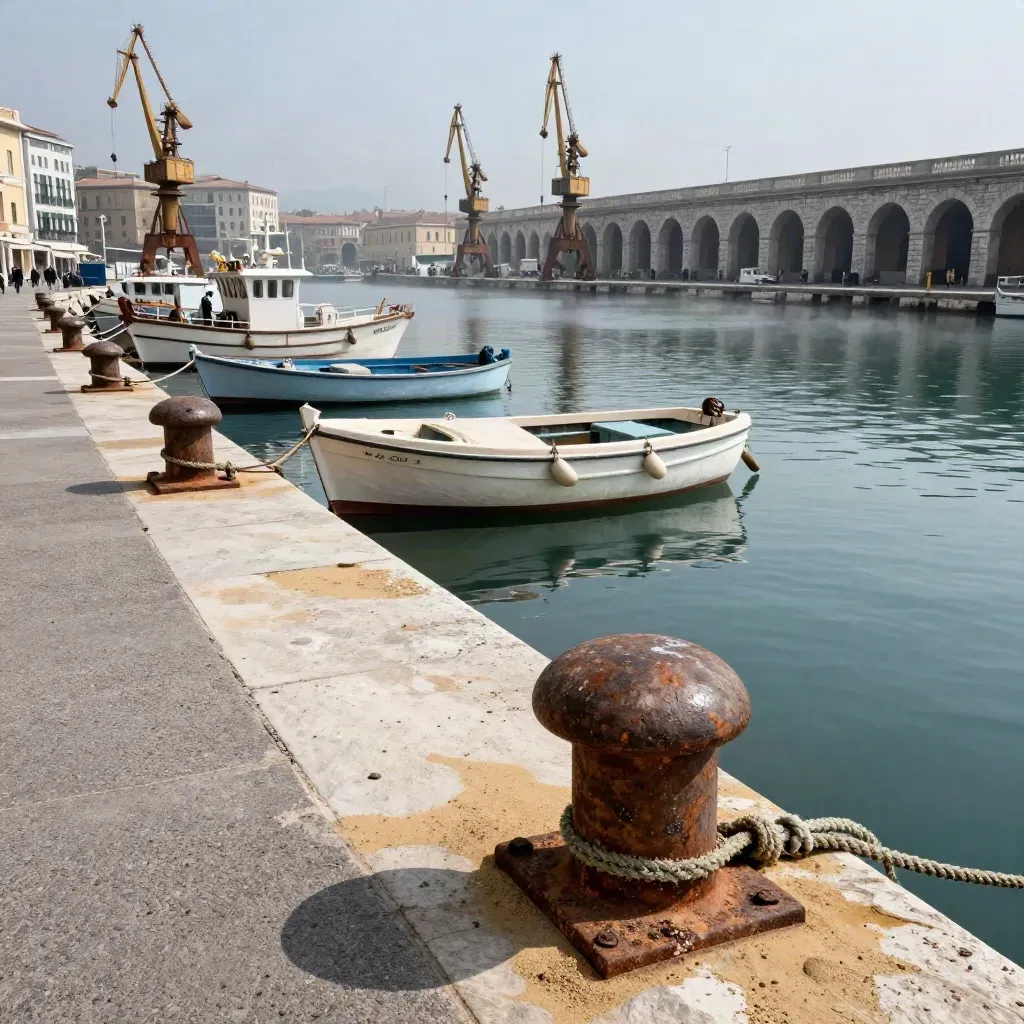 Porto vecchio di Genova con gru, arcate in pietra, barche ormeggiate e luce di mezzogiorno