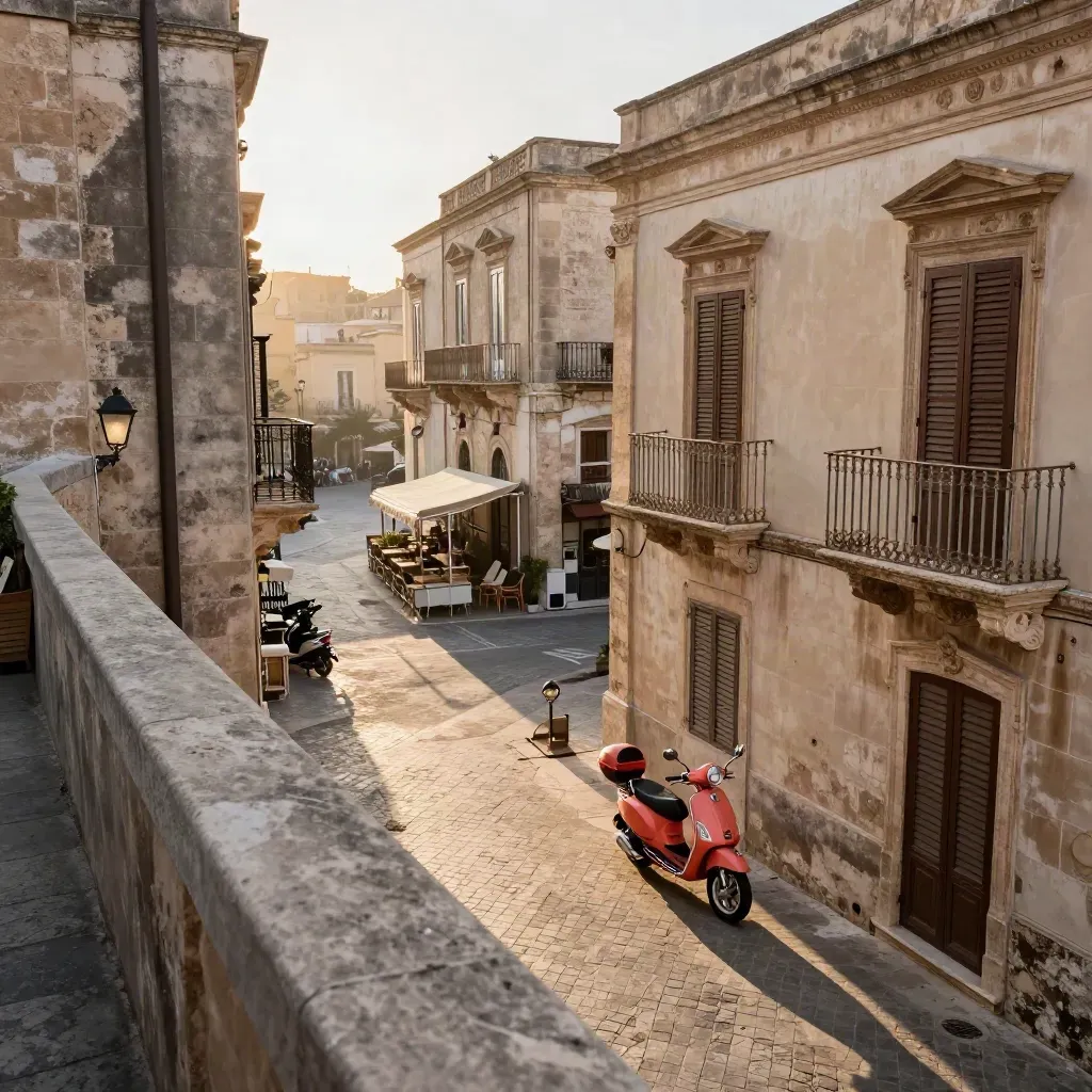 Piazza barocca siciliana al tramonto con scooter corallo e facciate in pietra calcarea