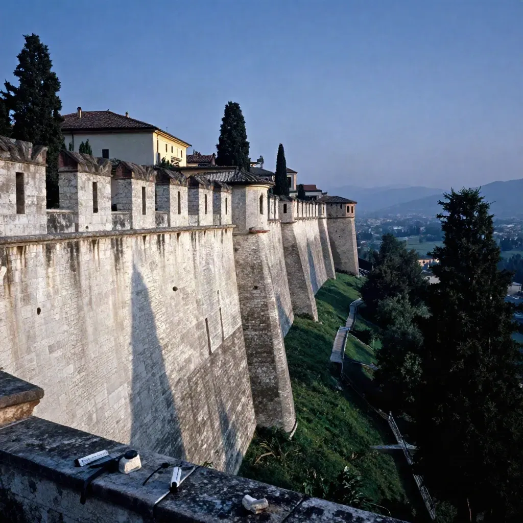 Mura venete di Bergamo Alta al blue hour, con cipressi e valle in lontananza.